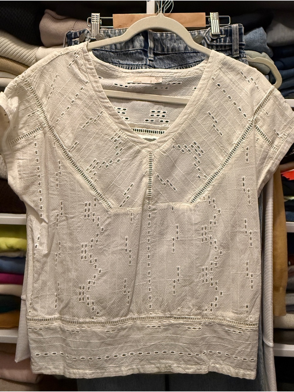 Prana White Eyelet V-Neck Blouse